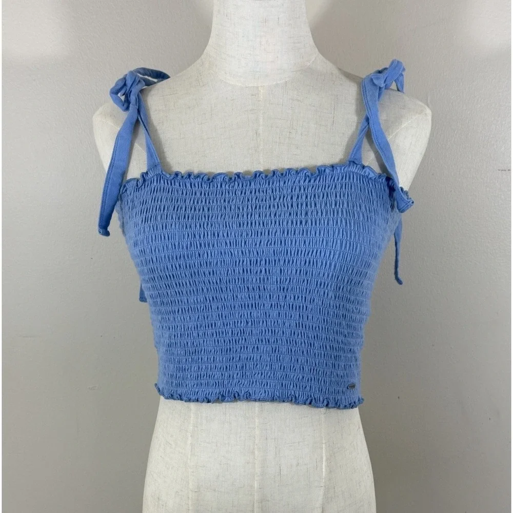 Hollister Smocked Crop Top Women L Blue Tie Strap Coquette Cottagecore - Picture 1 of 8